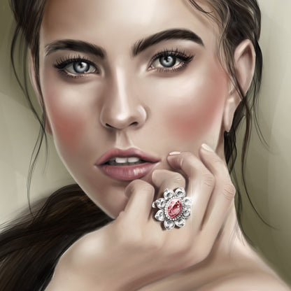 Burmese Ruby and Old Cut Diamond Floral Cluster Ring; central 3.69 carat Burmese ruby framed by 8 round old-cut diamonds, accented by 94 pave set diamonds. Total diamond weight 4.46cts