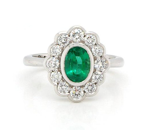 Oval Cut 0.99ct Zambian Emerald and Diamond Cluster Ring, Certified