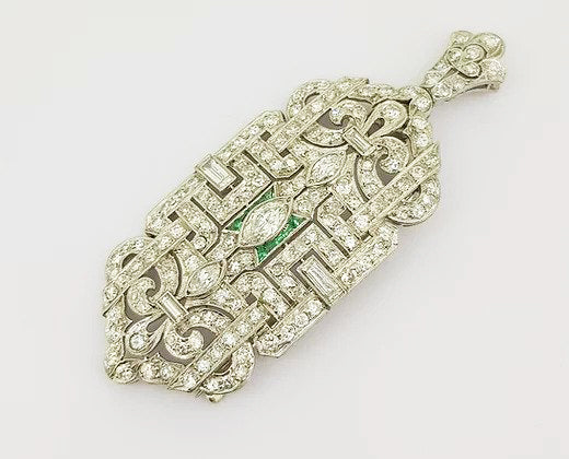 Antique Diamond and Emerald set Brooch Pendant; set with marquise and brilliant cut diamonds, central emerald border, geometric design, 18ct white gold