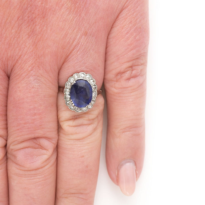 Art Deco 2.8ct Sapphire and Old Cut Diamond Cluster Ring