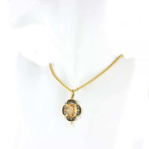 Antique Victorian Citrine, Enamel and Pearl Pendant in 15ct gold, Circa 1870s