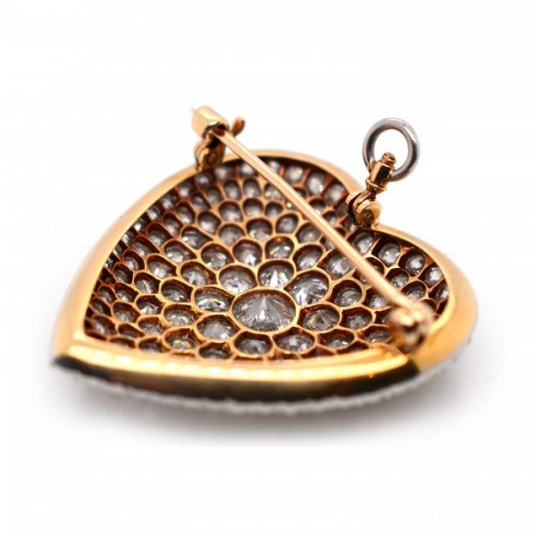 Vintage 1930s Old Cut Diamond Heart Brooch Pendant, 6.50 carat total, in platinum and 18ct yellow gold