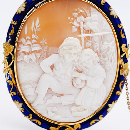 Antique Victorian 15ct Gold Blue Enamel Cameo Brooch