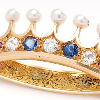 Art Deco French 18ct Yellow Gold Crown Brooch with Multi Gemstones and Natural Pearls