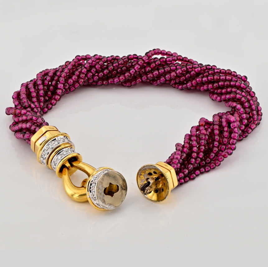 Vintage 1970s Italian Red Tourmaline Rubellite Micro Bead Bracelet with Diamond Clasp