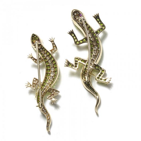 Pair of Antique Diamond, Garnet and Ruby Salamander Lizard Brooches