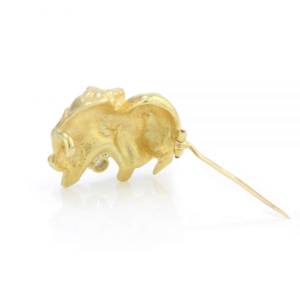 Antique Edwardian 18ct Gold Basset Hound Dog Brooch with Old Cut Diamond