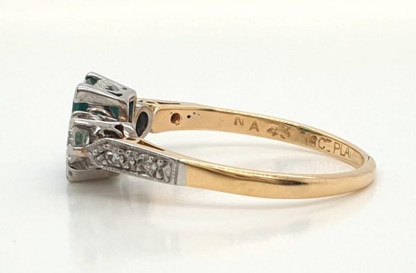 Vintage 0.60ct Emerald and Diamond Three Stone Engagement Ring in 18ct Yellow Gold, Circa 1940s