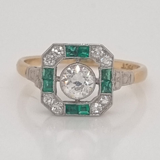 Art Deco 0.60ct Old European Cut Diamond and Emerald Square Octagonal Cluster Ring in platinum and 18ct yellow gold