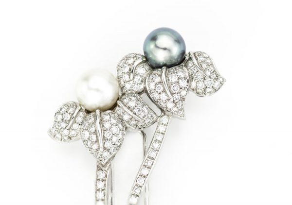 Natural South Sea and Akoya Pearl and 3ct Diamond Floral Brooch
