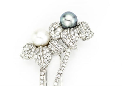 Natural South Sea and Akoya Pearl and 3ct Diamond Floral Brooch