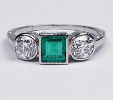 Princess Cut Colombian Emerald and Diamond Three Stone Ring, 0.50cts
