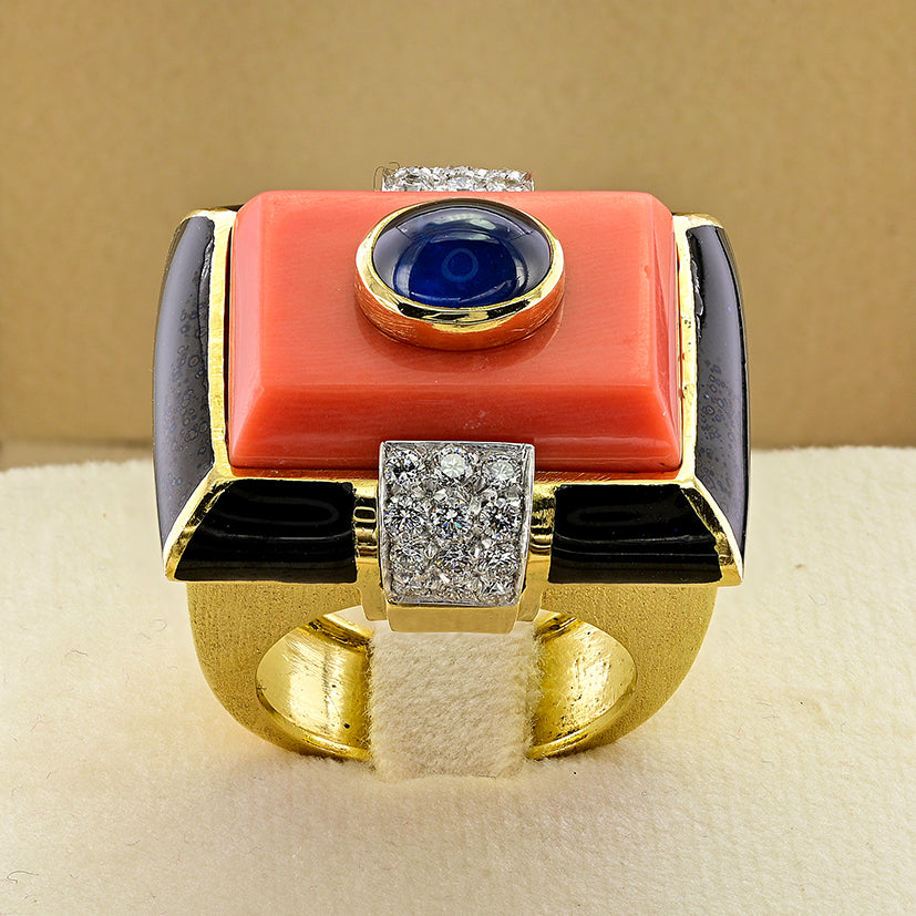 Vintage David Webb Coral Sapphire Enamel Diamond Gold Cocktail Ring