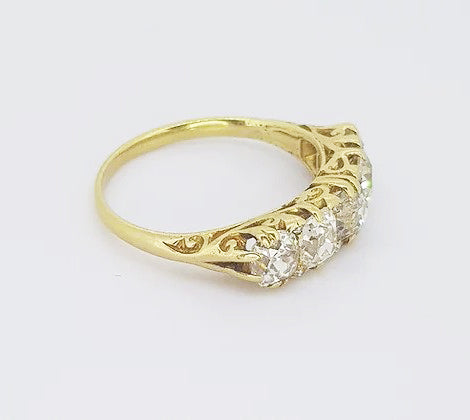 Antique Victorian 2.50ct Diamond Five Stone Ring in 18ct Gold; classic carved half-hoop ring set with five old-cut diamonds, Crafted from 18ct yellow gold