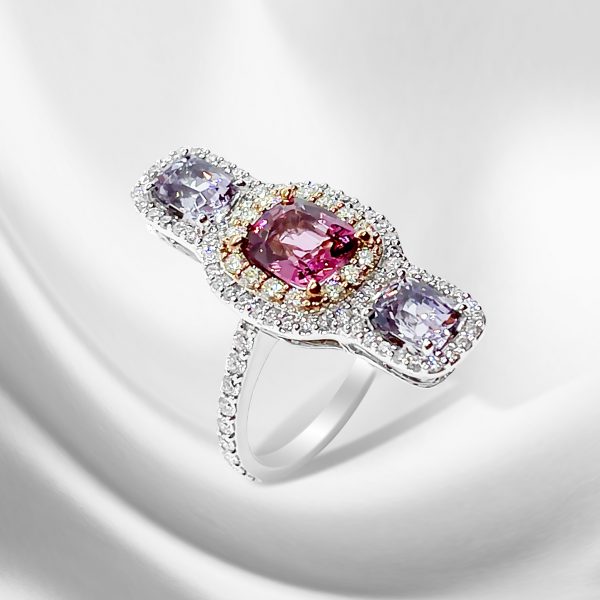 Modern 1.62ct Pink and Lilac Spinel Three Stone Ring with Diamonds