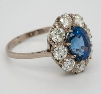 Vintage 3ct Ceylon Sapphire and Old Cut Diamond Cluster Ring, Circa 1940