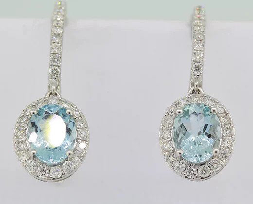 Aquamarine and Diamond Oval Cluster Drop Earrings