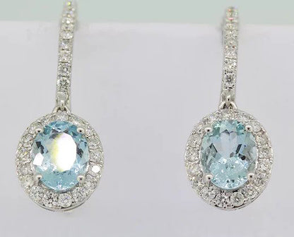 Aquamarine and Diamond Oval Cluster Drop Earrings