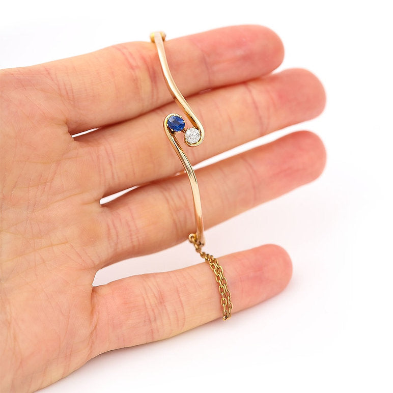 Edwardian Antique Sapphire Diamond 15ct Gold Bangle Bracelet
