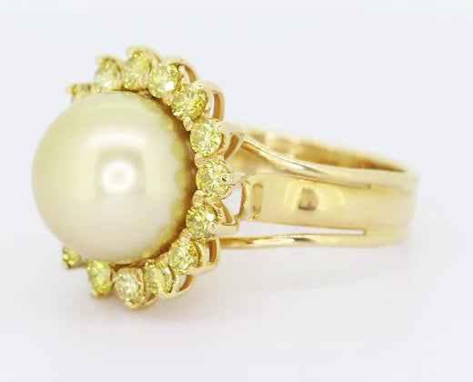 Golden South Sea Pearl and 2.00ct Fancy Yellow Diamond Cluster Ring, 13mm,, set in 18ct yellow gold