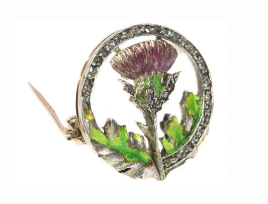 Victorian / Art Nouveau Enamel Thistle Brooch with Rose Cut Diamonds