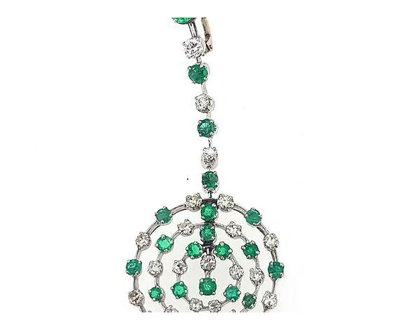 Contemporary Emerald and Diamond Circular Openwork Drop Earrings, in 18ct white gold.