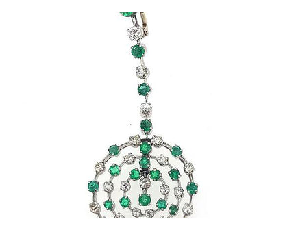 Contemporary Emerald and Diamond Circular Openwork Drop Earrings, in 18ct white gold.