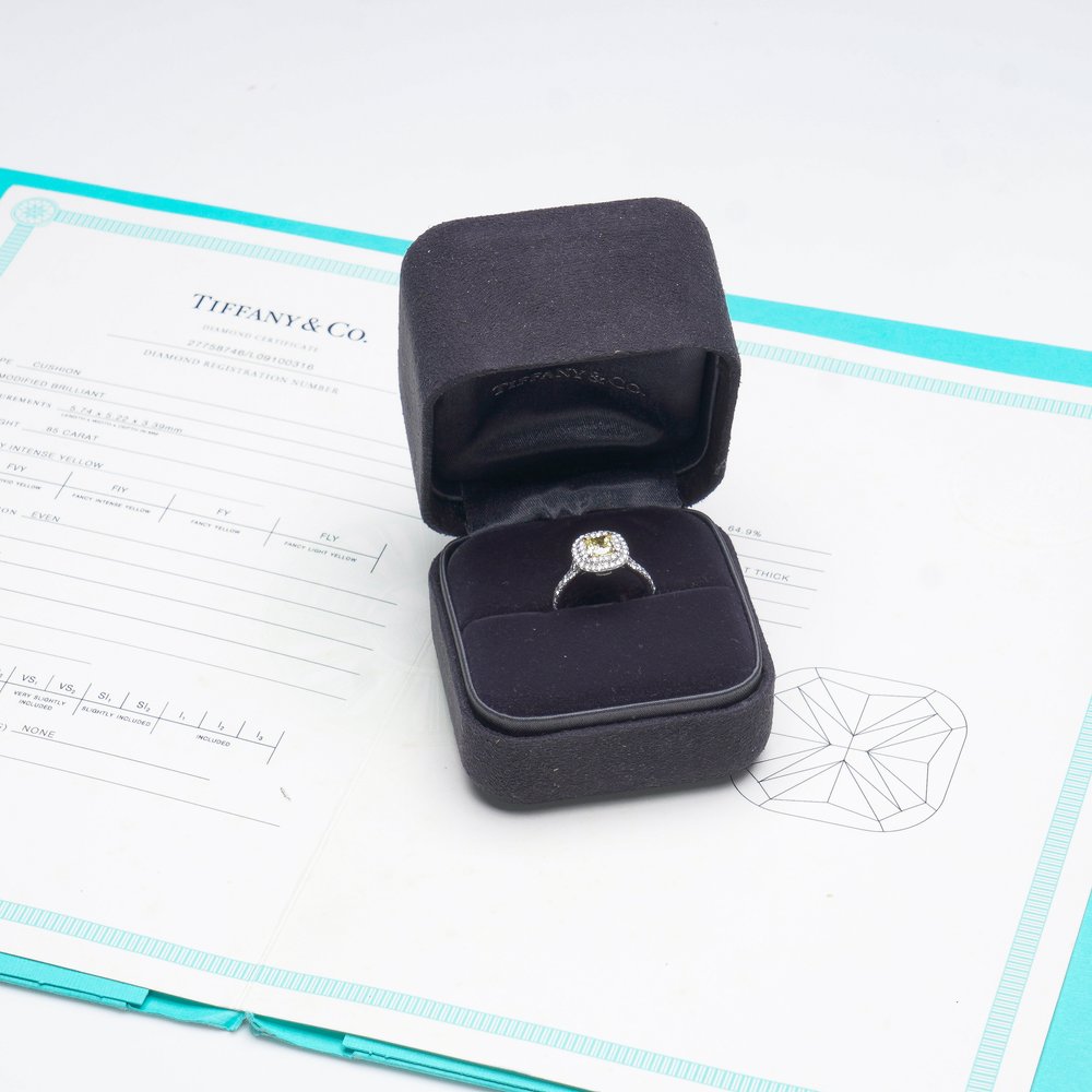 Tiffany & Co 0.85ct Fancy Yellow Diamond Cluster Ring with Box and Papers