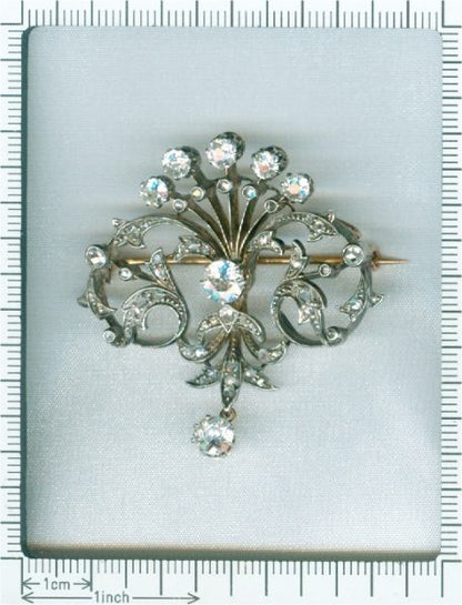 Antique Victorian Old Cut Diamond Pendant/Brooch, set in Silver and Gold