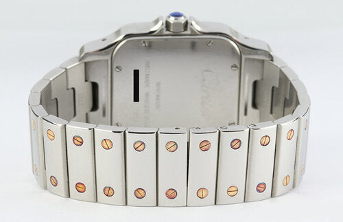 Cartier Santos Galbee 32mm Large Steel and Gold 2823 Automatic, white dial, Roman numerals, blued steel hands, date indicator at 4, sapphire crown, sapphire crystal, stainless steel bracelet with hidden clasp