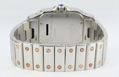Cartier Santos Galbee 32mm Large Steel and Gold 2823 Automatic, white dial, Roman numerals, blued steel hands, date indicator at 4, sapphire crown, sapphire crystal, stainless steel bracelet with hidden clasp