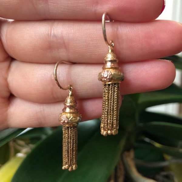 Antique Georgian Tri Colour Gold Tassel Drop Earrings; with pink gold flowers and green gold leaves, embossed on a textured background, with tassels formed from loop in loop chains. Circa 1820