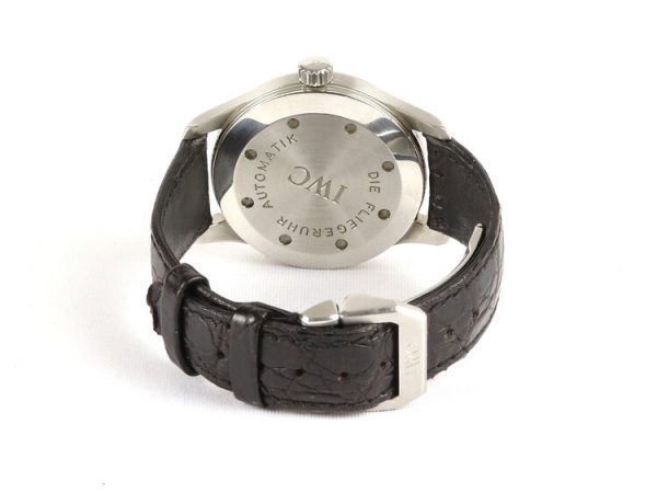 IWC Pilot Mark XV 38mm Stainless Steel Automatic Watch with Papers; model number 3253-01 from 2001, black dial, on IWC black leather strap with deployment buckle. With IWC Guarantee card.