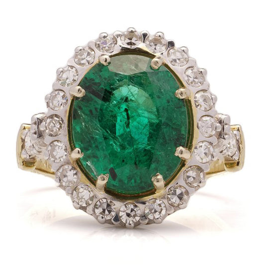 Vintage 10.76ct Zambian Emerald and Diamond Cluster Ring