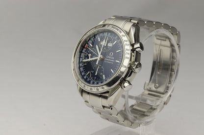 Omega Speedmaster Day Date 38mm Automatic Chronograph Stainless Steel Watch, blue dial with weekday, month and date indicators, steel bracelet strap