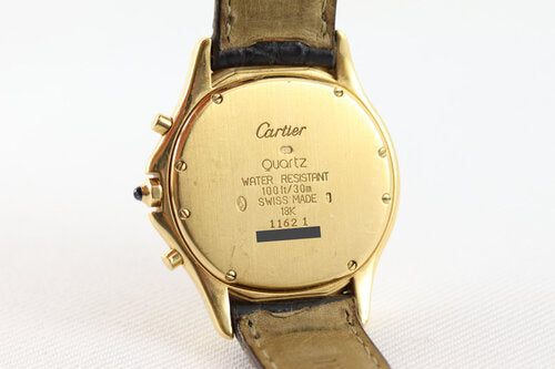Cartier Cougar 33mm Chronograph in 18ct Yellow Gold, Ref 11621, black dial, sapphire crown, sapphire crystal, Quartz movement, Cartier black leather strap with 18ct Yellow Gold buckle, with Cartier box