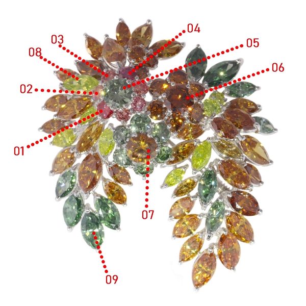 Rare Vintage 1970s Fancy Colour Diamond Spray Brooch, 19 carats with nine certificates