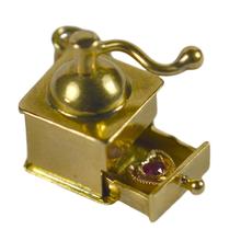 Ruby Love Heart 18ct Yellow Gold Coffee Grinder Charm Pendant; designed as a coffee grinder with rotating handle, drawer opens to reveal a ruby love heart
