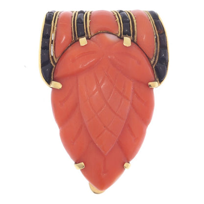 Art Deco Coral and Onyx Brooch, 18ct Yellow Gold, Circa 1920