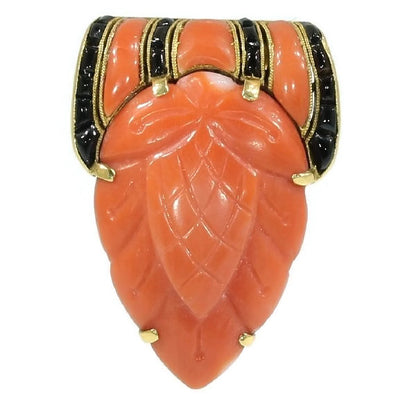 Art Deco Coral and Onyx Brooch, 18ct Yellow Gold, Circa 1920