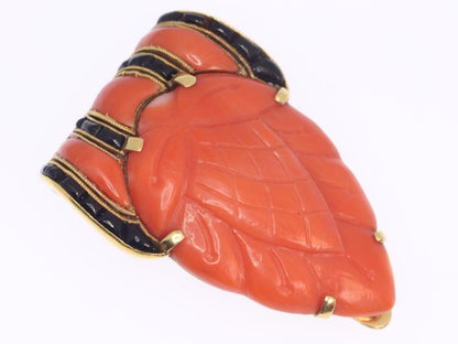 Art Deco Coral and Onyx Brooch, 18ct Yellow Gold, Circa 1920