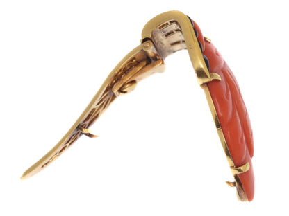 Art Deco Coral and Onyx Brooch, 18ct Yellow Gold, Circa 1920
