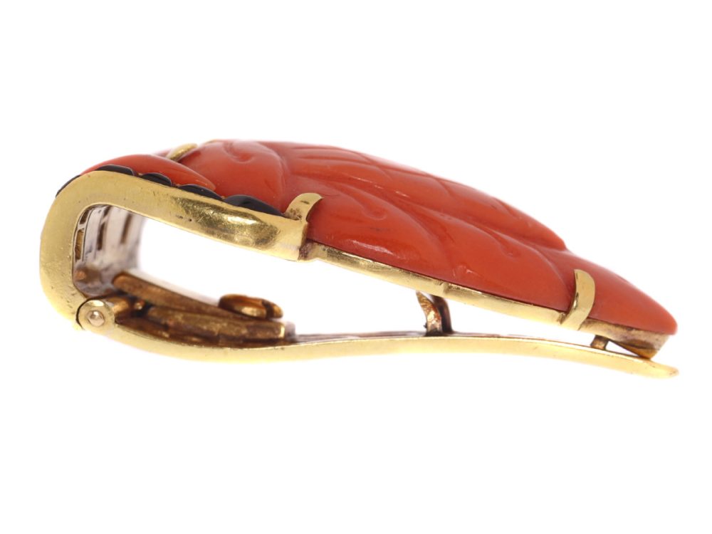 Art Deco Coral and Onyx Brooch, 18ct Yellow Gold, Circa 1920