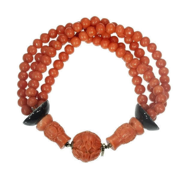 Antique Art Deco Enamelled Coral Beaded Bracelet