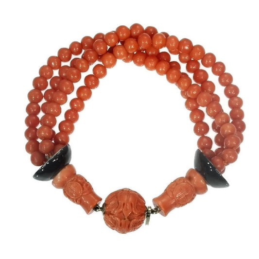 Antique Art Deco Enamelled Coral Beaded Bracelet
