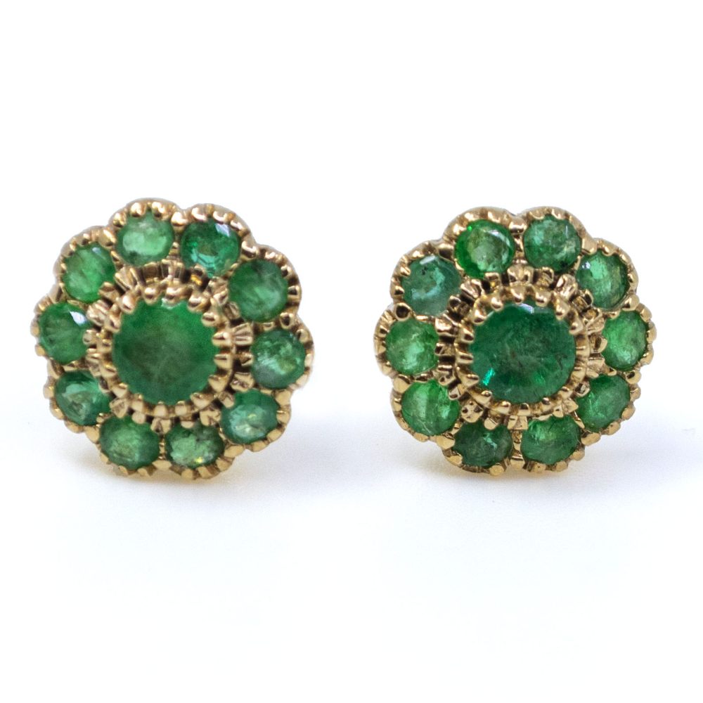 Emerald flower earrings stud yellow gold