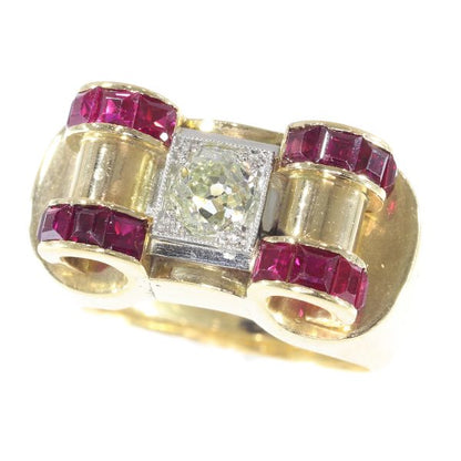 Impressive Retro Ring with Big Old Brilliant Cut Diamond and Carre Rubies