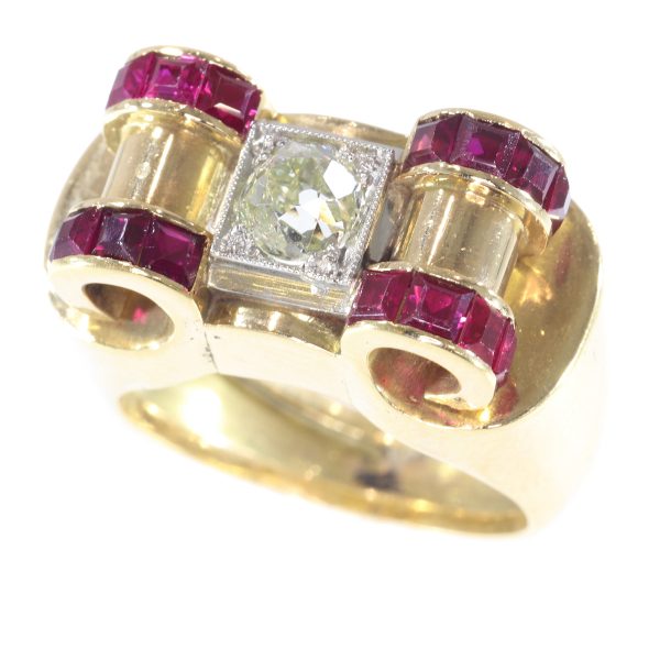 Impressive Retro Ring with Big Old Brilliant Cut Diamond and Carre Rubies