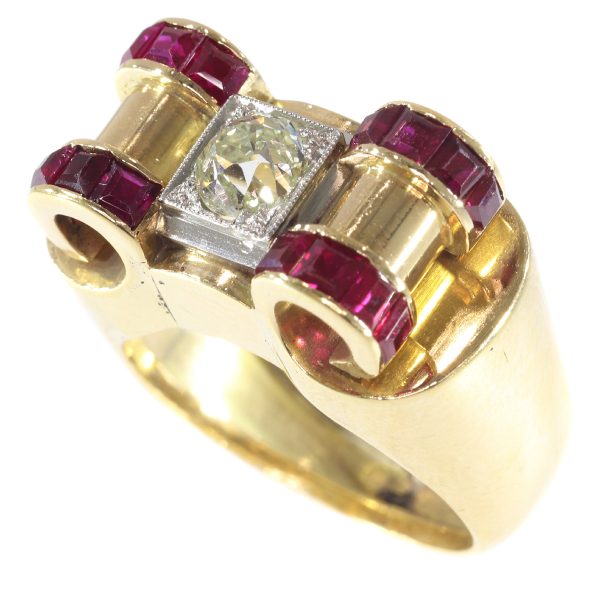 Impressive Retro Ring with Big Old Brilliant Cut Diamond and Carre Rubies