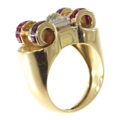 Impressive Retro Ring with Big Old Brilliant Cut Diamond and Carre Rubies